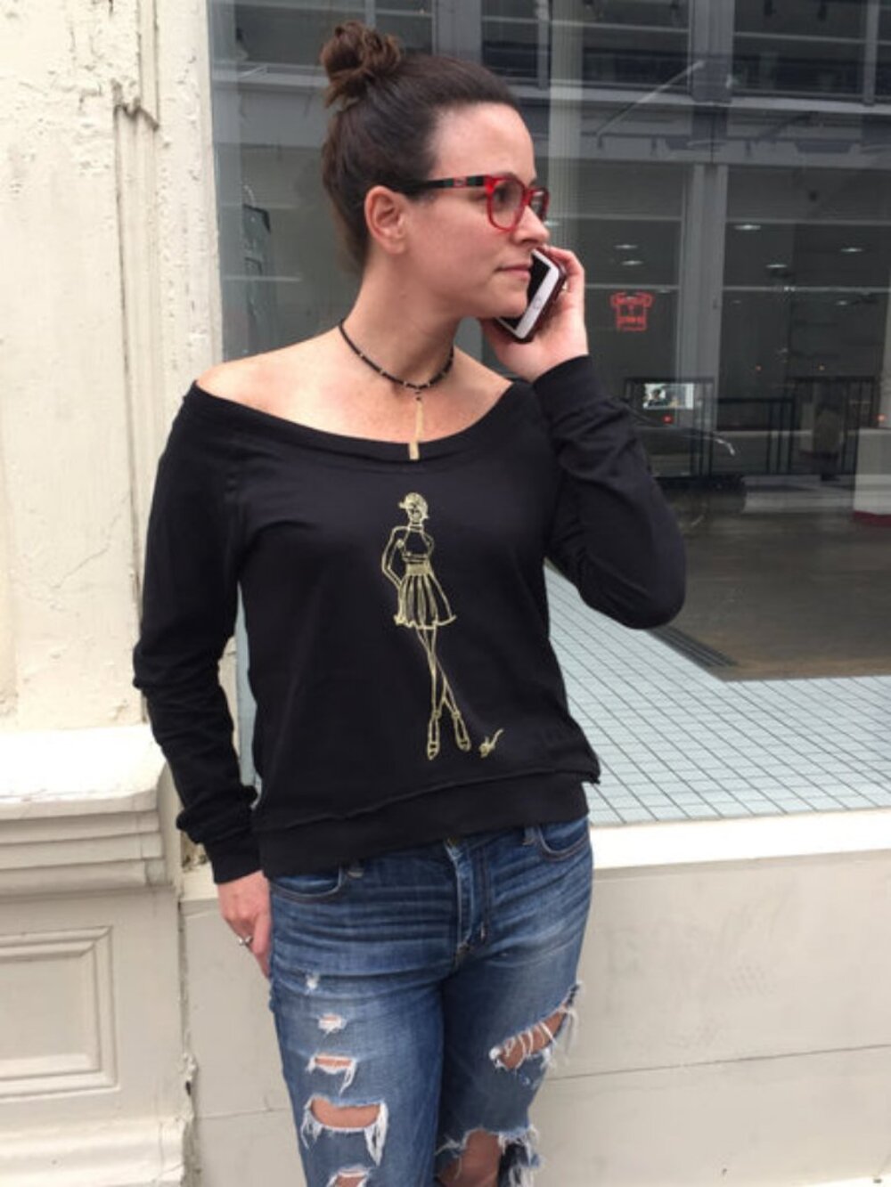REVILED Black Off-Shoulder Fashion Sketch Tee S M L